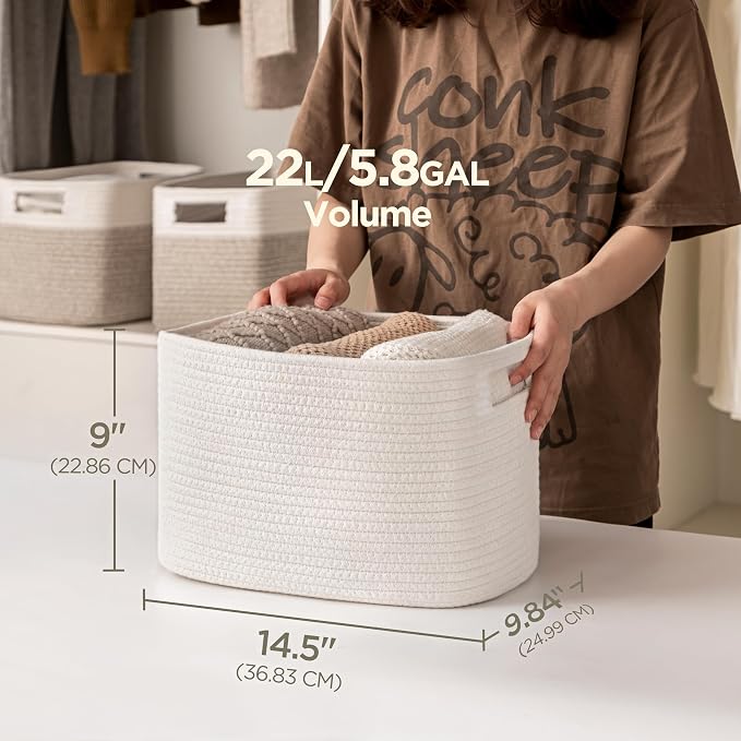 4 Pack Storage Baskets for Organizing, Shelf Baskets with Handles, White | 14.5"Lx9.8"Wx9"H, Woven Basket, Cotton Rope Basket, Toy Storage, Cube Shelf, Gift Baskets Empty, Home Decor - Image 2