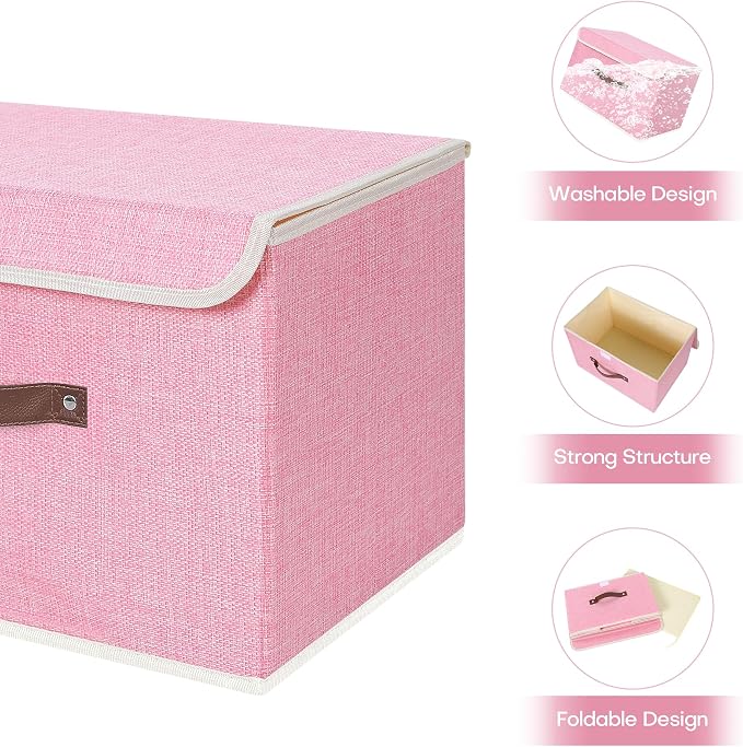 ANMINY Fabric Storage Box Bins with Lids, Pink, 13"x9"x7.9", 4 Pack | Keepsake Memory Storage, Cotton Linen, PP Board Reinforced, Washable, PU Handles, Foldable & Stackable, Decorative, Medium - Image 3