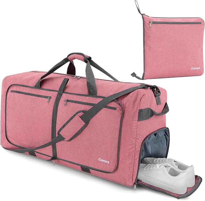 Gonex 150L Foldable Travel Duffle Bag with Shoe Compartment, Lightweight | 210D Nylon, Water-Repellent, Folds Compact, Multiple Pockets, Luggage Sleeve,Family Travel & Camping, Coral Pink - Image 8