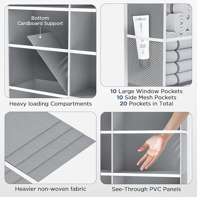 PureSpace 5-Tier Over The Door Organizer with 10 Side Mesh Pockets & Clear Windows, 80 lbs Weight Capacity Hanging Storage for Bathroom, Bedroom, Nursery, Kitchen, Organize Shoes, Diapers(Clear Grey) - Image 5