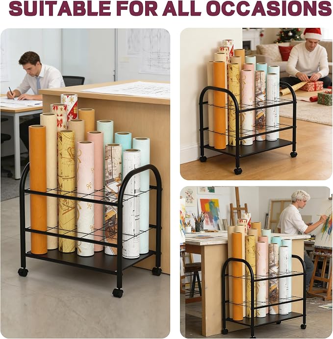 Blueprint Storage Holder with Wheels – 20-Slot Metal Roll File Rack with Silent Casters & Brakes for Blueprints, Wrapping Paper, Posters, Maps – Mobile File Cart for Office & Home (Black) - Image 7