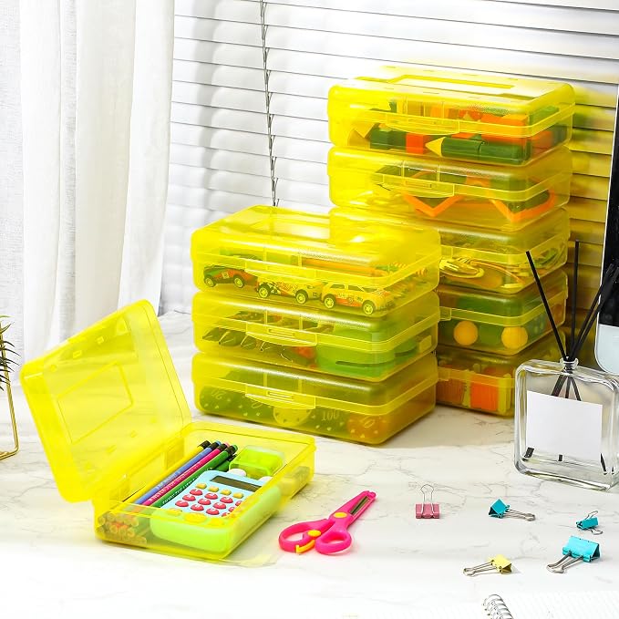 Leelosp 12 Pack Pencil Boxes Bulk, Large Plastic Case,Yellow | Stackable Hard Storage Box with Snap Lid for School Classroom, Desk Drawer Organizer, Crayons Markers Kids Supplies - Image 4