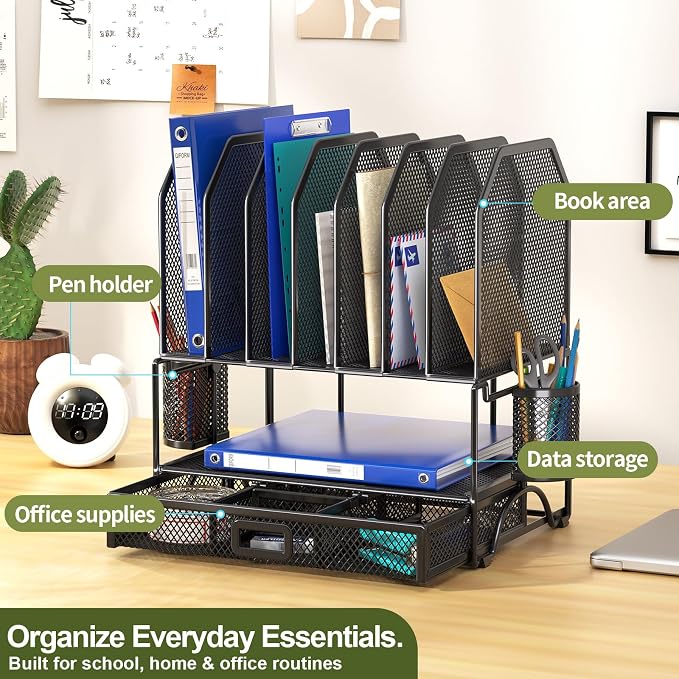 FANXIYQ Metal Desk Organizer with Sliding Drawer, 7-Section File Organizer for Desk, Desktop File Folder & Paper Organizer with 2 Hanging Pen Holders, Office Supplies Organizer, Black - Image 2