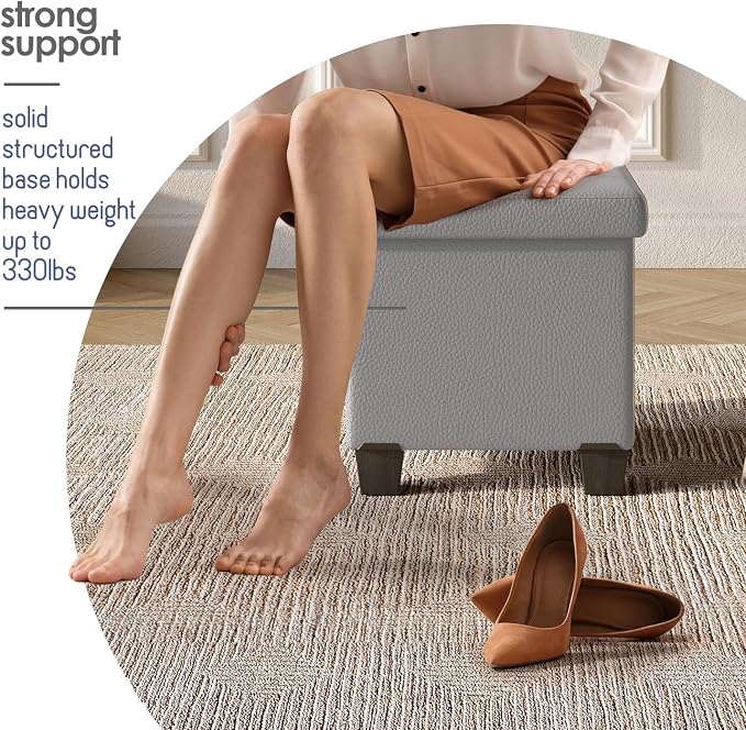 Storage Ottoman Cube with Small Bin, 15-in Square Ottoman with Storage for Living Room and Bedroom, Small Ottomans Foot Rest, Leather Foot Stools Ottomans Max 330lbs, Light Grey - Image 5