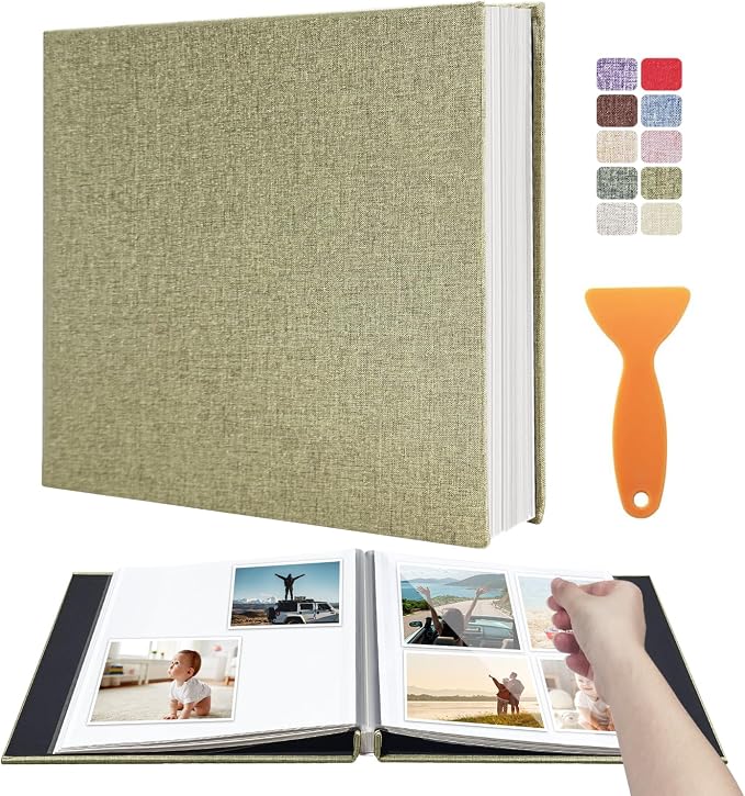Large Photo Album Scrapbook – Holds 4x6, 8x10 Pictures – Self-Adhesive Pages for Baby, Wedding, Travel & Family Memories | Includes Metallic Pen & Scraper/Light Matcha Large DIY Memory Book for Gifts by HoneyTolly