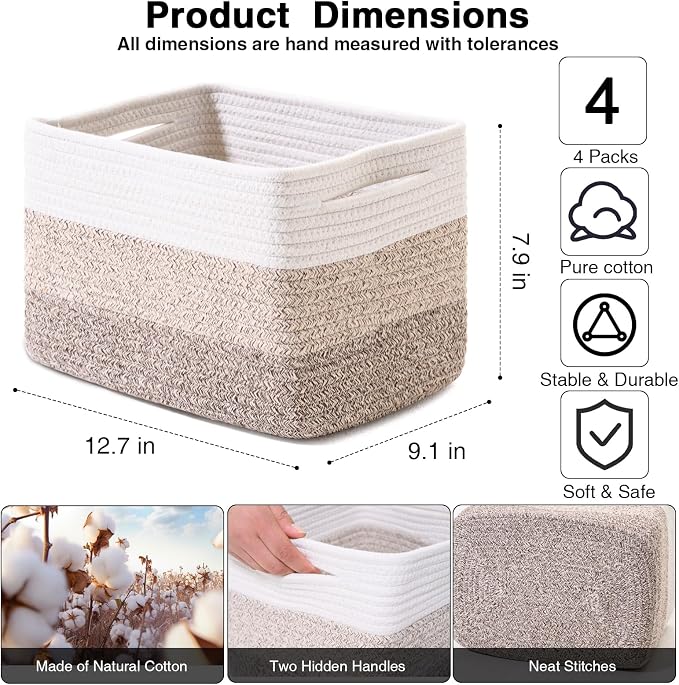 Small Storage Baskets for Organizing Shelves, Woven Cotton Rope Basket for Storage, Cute Rectangular Book Toy Baskets, 12.7"×9.1"×7.9", 4 Packs, Gradient Brown - Image 2