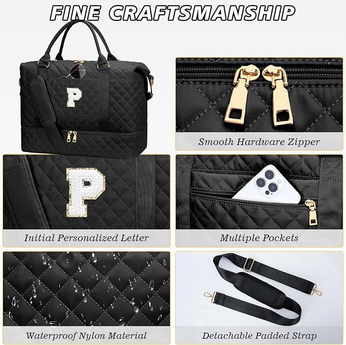 Birthday Gifts Initial Duffle Bag with Shoe Compartment(Black,P) | Women Gifts for Birthday-Overnight Bags with Toiletry Bag-Weekender Bags with Shoe Compartment for Travel - Image 6