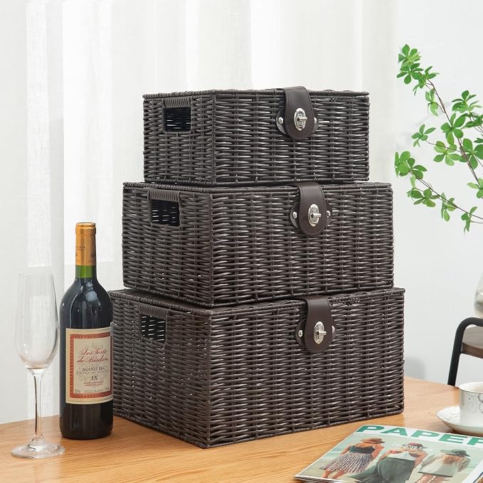 Set of 3 Woven Wicker Storage Basket Box with Lids & Lock, Built-in Carry Handles, Multifunctional Storage Organizer for Nursery, Baby, Clothes, Toys, Books, Large/Medium/Small Size (Brown) - Image 7