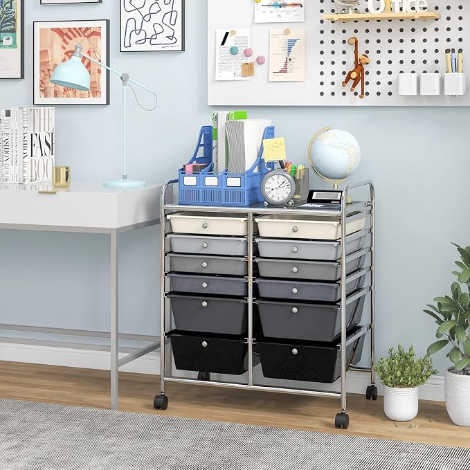 Giantex 12 Drawer Rolling Storage Cart Tools Scrapbook Paper Office School Organizer (Black Gradient) - Image 2