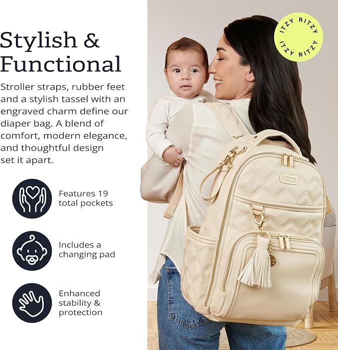 Itzy Ritzy Boss Plus Diaper Bag Backpack with 19 Pockets (Milk & Honey) | Large Diaper Bag Backpack Includes 2 Insulated Bottle Pockets, Changing Pad, Stroller Clips, Padded Straps, Travel-Ready - Image 2