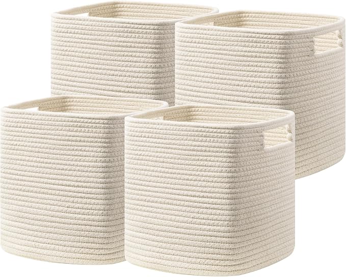 UBBCARE Set of 4 Storage Cubes-11 X 10.5 X 10.5 In, Cotton Rope Basket for Shelves, Toys, Book, Cube Storage Bin with Handles, Woven Storage Basket for Organizing, Beige by UBBCARE