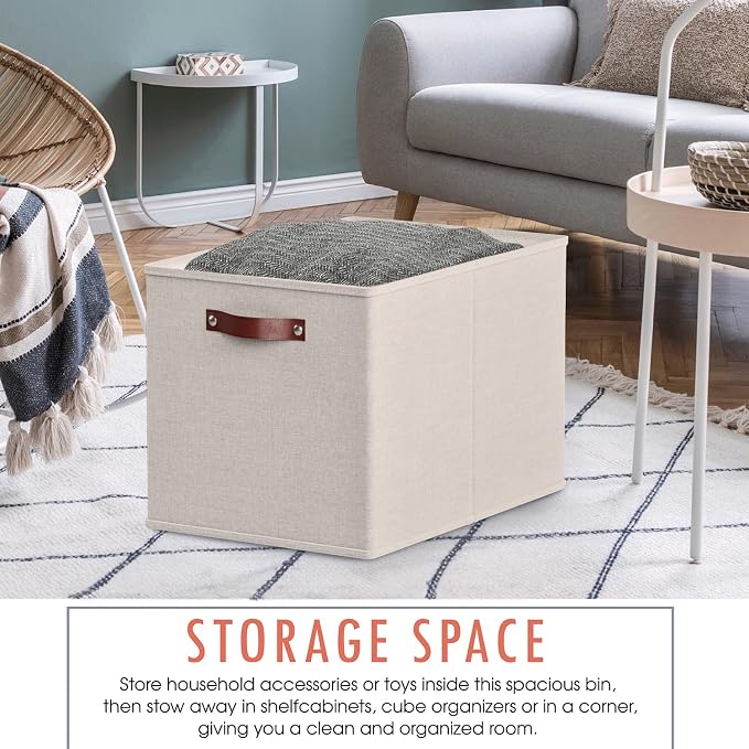Ornavo Home 13x15x13 Foldable Fabric Storage Cube Bins, 6 Pack, Beige | Collapsible Linen Shelf Basket Organizer; Leather Handles; Fits Cube Storage Shelving Units - Image 5