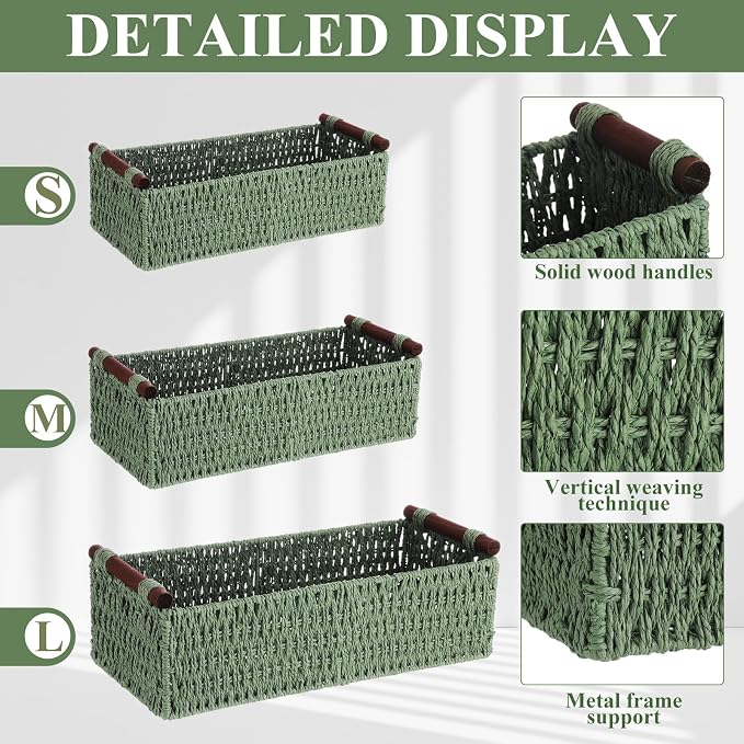 Boao 3 Pcs Boho Storage Wicker Baskets Handmade Woven Decorative Paper Rope Baskets for Organizing with Handle Countertop Toilet Paper Storage Container for Toilet Tank Top - Image 3
