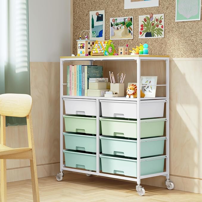 Rolling Storage Cart with 8 Large Drawers, Wooden Tabletop | Open Storage Shelves, Mobile Craft Organizer with Lockable Wheels for Home, Classroom, Office Supplies & Art Studio,Green - Image 7