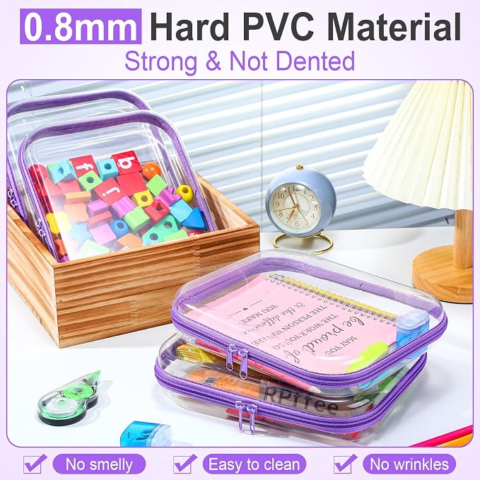 Sanwuta 6 Clear Hard Zipper Case,Purple,9.84 X 7.87 X 2 Inch | Pencil Case Pouches ,Makeup Bag,Plastic Toiletry Diaper Bag ,Travel Toy Storage,Waterproof Organizer Bins - Image 4