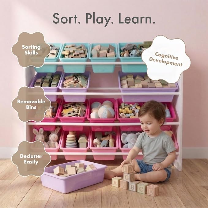Humble Crew Kids Toy Organizer with 16 Bins, 4 Tier Storage for Playroom | Sturdy wood and steel toddler shelf, removable BPA-free containers, wall anchor anti-tip safety kit for bedroom or classroom - Image 5