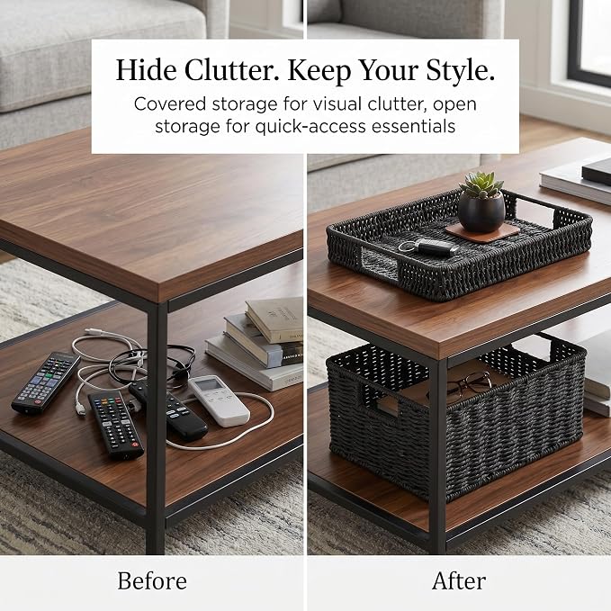 Wicker Storage Basket with Lid for Shelves,12×10×5.5in, Black | One rectangular wicker basket with lid for decorative shelf storage; its removable lid lifts off and flips into a tray. - Image 5