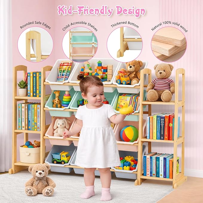 Kids Toy Storage Organizer with Bookshelf – Wooden Shelf with 12 Bins & 6 Shelves, Quick Assembly Storage Rack for Playroom, Bedroom, Nursery – Colorful - Image 3
