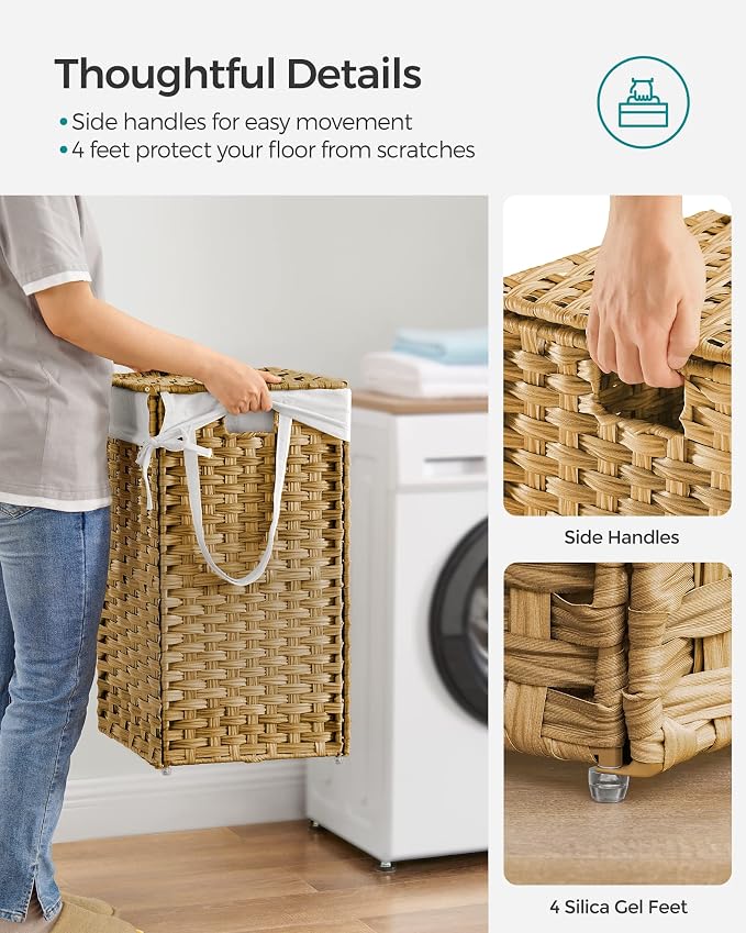 SONGMICS Laundry Hamper with Lid, 17.2 Gallon (65 L) Synthetic Rattan Clothes Laundry Basket with Lid and Handles, Foldable, Removable Liner, Goose Yellow ULCB165N01 - Image 4