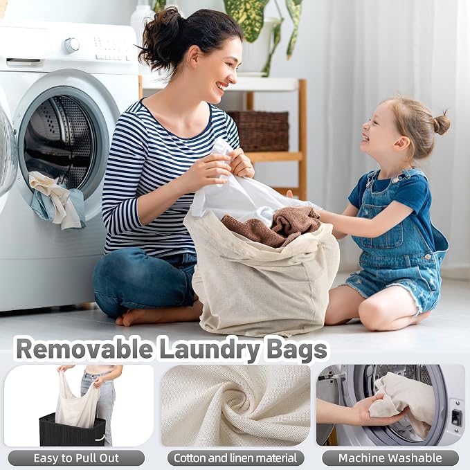 Aliphon 150L Laundry Hamper with lid, 3-Section Clothes Laundry Basket with Handles, Large Collapsible Bamboo Baskets for Bedroom, Bathroom, Dorm, Ink Black - Image 6