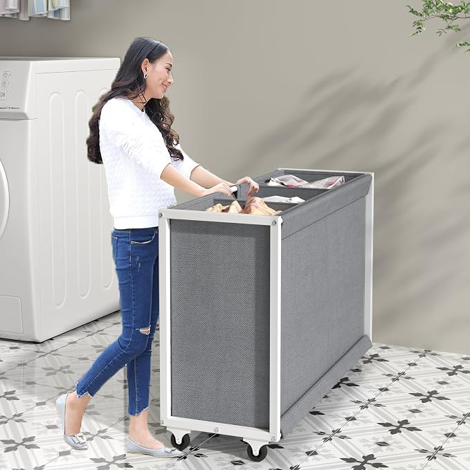 Laundry Hamper Laundry Basket with 3 Section Pull-Out Rolling Bags, Laundry Sorter for Organization and Storage with 2 Pull-Out Drawers for Laundry Room (White+Grey, 32.68'' x 31.81'' x 12.6'') - Image 4