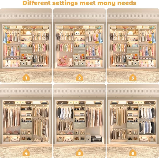 Besiost Closet System - 5-8FT Closet Organizer System with Wooden Drawers & Cube Storage Organizer, Up To 96" Closet Systems for Nursery & Walk-In Closets with Cuttable Hanging Shelving, Greige Oak - Image 4