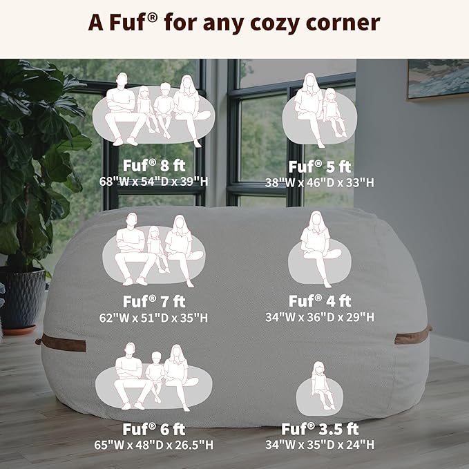 Big Joe Fuf 7Ft Giant Foam Bean Bag Chair, Oversized Couch with Removable Cover for Kids, Teens, Adults, Vanilla Latte Corded Plush, 7 Foot | Premium Shredded Foam Filled, Corded Plush, Adult-Sized Comfortable Seating, Supports Up to 300 lbs - Image 7
