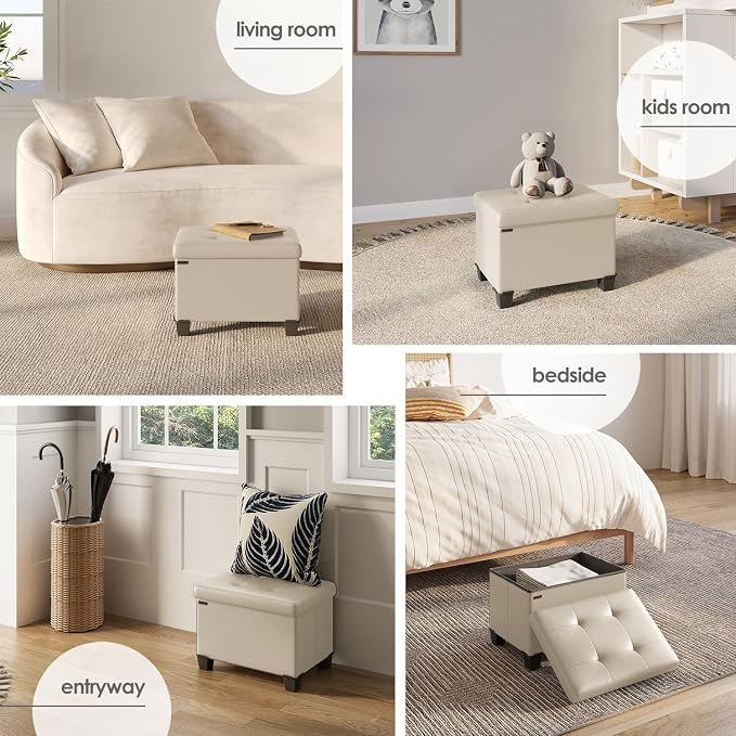 Storage Ottoman Cube with Small Bin, 16-in Square Ottoman with Storage for Living Room and Bedroom, Small Ottomans Foot Rest, Leather Foot Stools Ottomans Max 330lbs, Beige - Image 4