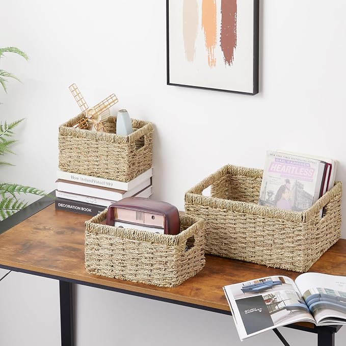Wicker Basket, Set of 3 Hand-woven Storage Baskets for Organizing, Seagrass Wicker Storage Basket Bins with Handles, Small Toilet Paper Storage Baskets for Shelves Pantry Baskets (Seagrass) - Image 3