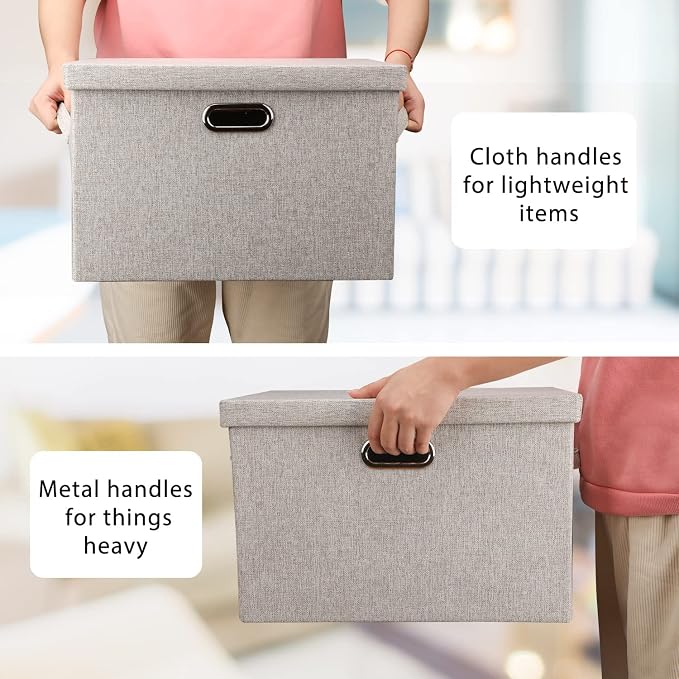 Storage Bins with Lids Fabric Closet Organizers Cubes Office Organization | 36 Quart 5 Pack Beige Collapsible Stackable Linen Fabric 4 Handles Bedroom Closet Cabinet Under Bed Clothes Toy Office File - Image 4