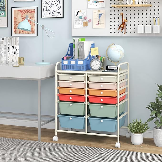 Giantex 12 Drawer Rolling Storage Cart Tools Scrapbook Paper Office School Organizer (Macaron) - Image 2