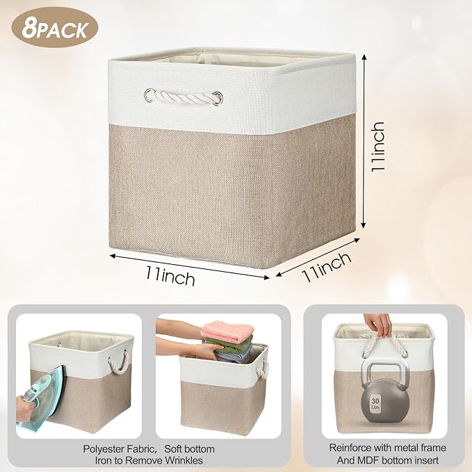 meekoo 8 Pack Collapsible Storage Bins Fabric Storage Bins Polyester Fabric Baskets with Handles Linen Closet Organizer for Shelf Home Closet Towels Toys(11 x 11 x 11 in,Beige) - Image 2