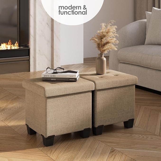Storage Ottoman Cube with Small Bin, 15-in Square Ottoman with Storage for Living Room and Bedroom, Small Ottomans Foot Rest, Fabric Foot Stools Ottomans Max 330lbs, Taupe - Image 2