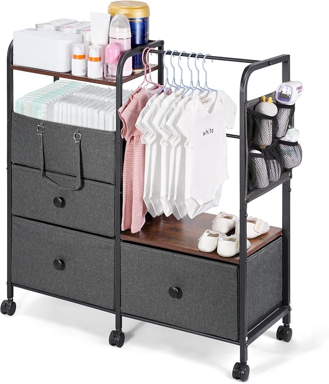 Orzbow Baby Diaper Caddy Cart Organizer and Storage, Grey | 4 Tier Baby Rolling Cart with Dividers and Drawers, Metal Rolling Utility Cart for Nursery, Bedroom, Changing Table & Crib by Orzbow-MakeParentingEasier