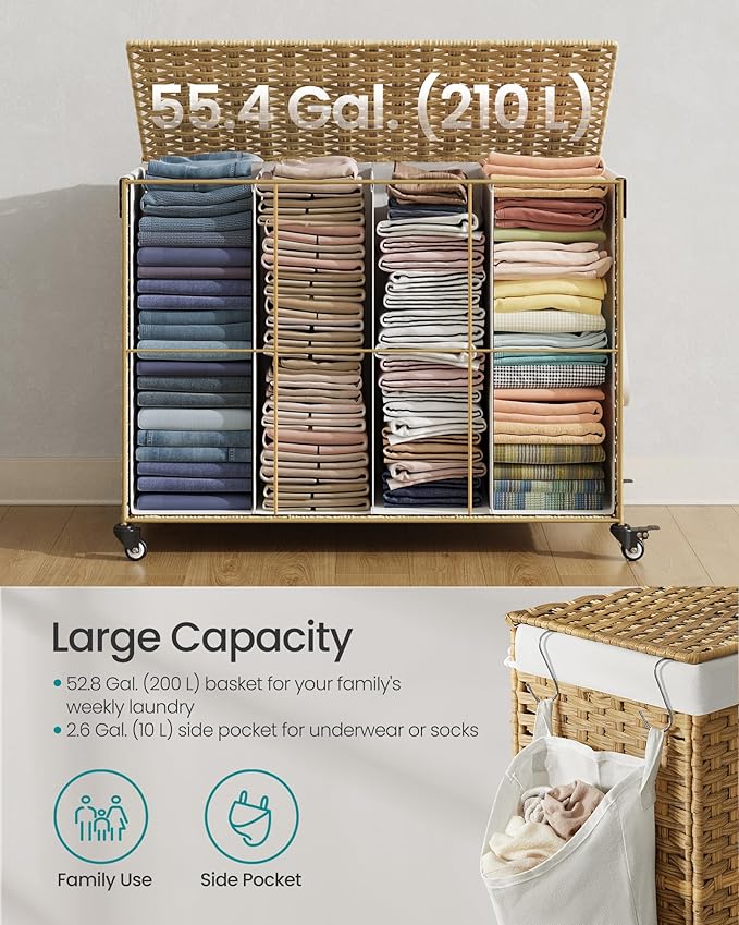 SONGMICS Laundry Hamper with Lid, 55.4 Gallons (210 L), Rolling Laundry Basket with Wheels, 4-Section Synthetic Rattan, Removable Liner, Bedroom, 33.9 x 15.7 x 26 Inches, Natural Color ULCB460Y01 - Image 4