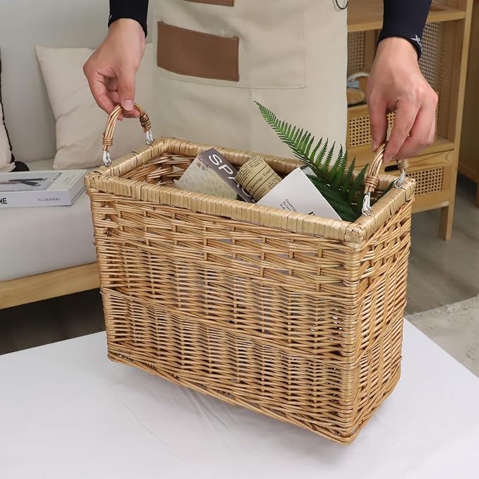 YAHUAN Natural Wicker Storage Basket with Built-in Handles Stair Basket Magazine Basket Large Wicker Baskets for storage Home Organizing Laundry (Wicker) - Image 3