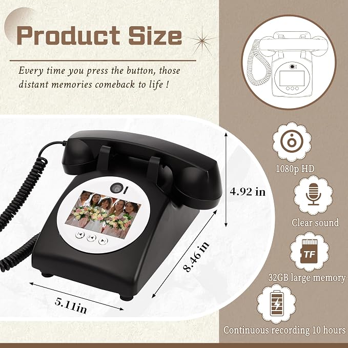 Video Audio Guest Book Wedding Phone,1080P HD Video Phone Guestbook, Preserve Your Special Occasions, Ideal for Wedding Bridal Shower, Birthday, Graduations, Baby Shower(Black) - Image 3