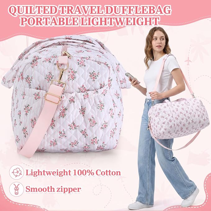 Dansydaisy Quilted Weekender Bag for Women with Makeup Pouch, Pink Floral | Large Duffle Bag, Trolley Compartment & Zipper Pocket, Adjustable Carry Strap, for Mommy Dancers Travel Gym Hospital - Image 4