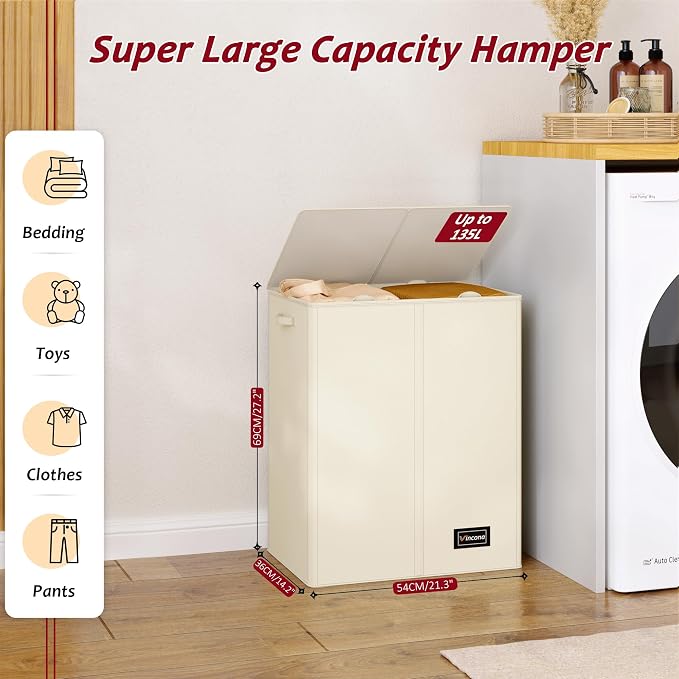 135L Laundry Hamper 2 Section, Large Laundry Hamper with Lid, Dirty Clothes Hamper with 2 Removable Inner Bags, Collapsible Laundry Basket Organizer for for Clothes Toys Towels, Hamper 2 Compartment - Image 2