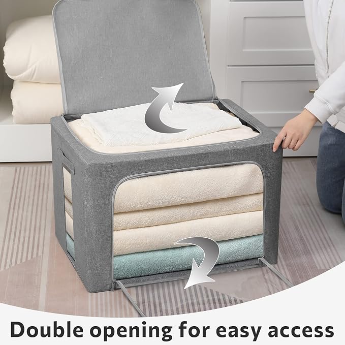 FHSQX 2 Pack Clear Window Storage Bins Large Foldable Fabric Storage Bins Boxes for Clothes Stackable Organizer Set with Carrying Handles19.7X 15.7X 12.6 Inches - Image 4
