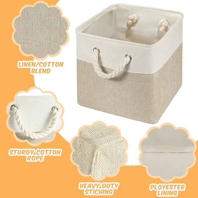 6 Pack 12x12 Inch Cube Storage Bins Square Fabric Cube Baskets, Light Brown | Foldable Organizer with Sturdy Handles, Home Closet Bin for Shelves, Durable Cube Baskets Bulk for Home Storage - Image 3