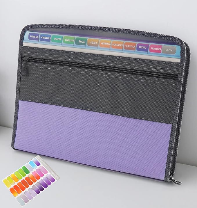 NAFY Accordion File Organizer, 13 Pockets Expanding File Folder with Zipper, A4 Letter Size Portable Accordion Expanding File Folders with 27pcs Colour Labels for Home Office School Supplies (Lilac) by Nafy
