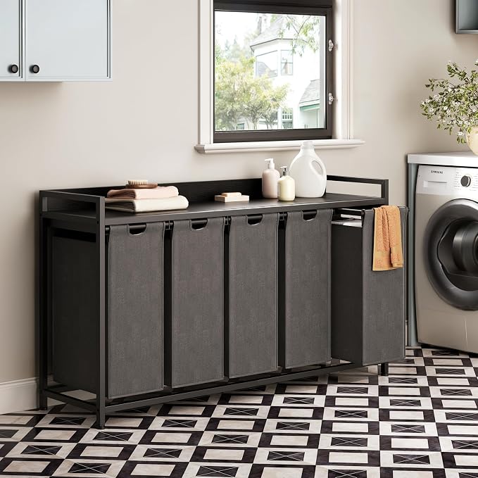 Herture Laundry Hamper with Shelf, Laundry Basket 5 Section, Laundry Sorter with Pull-Out Removable Large Bags and Movable Wheels, Metal Frame, 5 x 15.87 Gallons (60L), Black PF08XLB - Image 5