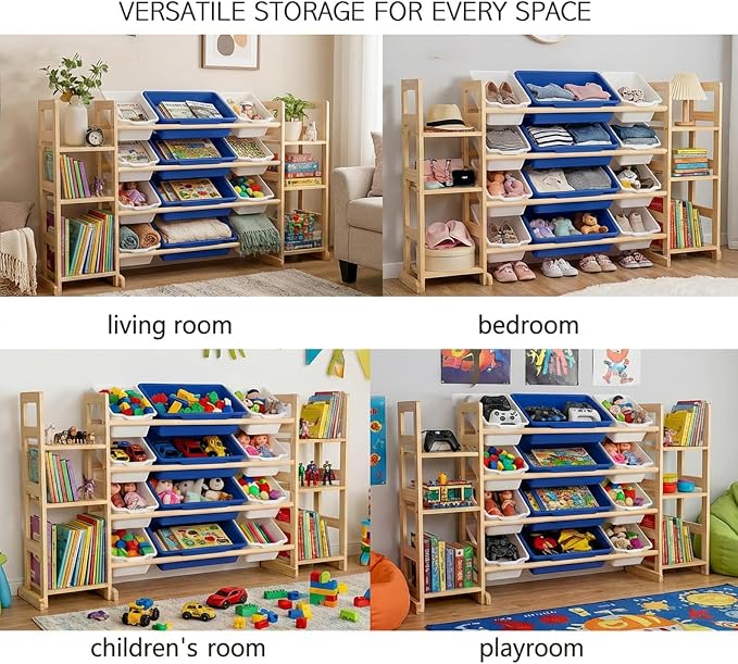 Amdermi Kids Toy Storage Organizer, 51" W White 6-Shelf Bookcase with 12 Bins, Cubby Unit for Toddler Playroom & Bedroom Organization (Blue) - Image 4