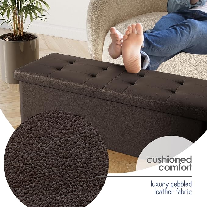 Storage Ottoman Bench with Bins, 43-in Storage Bench for Bedroom End of Bed, Folding Foot Rest Ottoman for Living Room Max 660lbs, Faux Leather Ottomans, Brown - Image 7