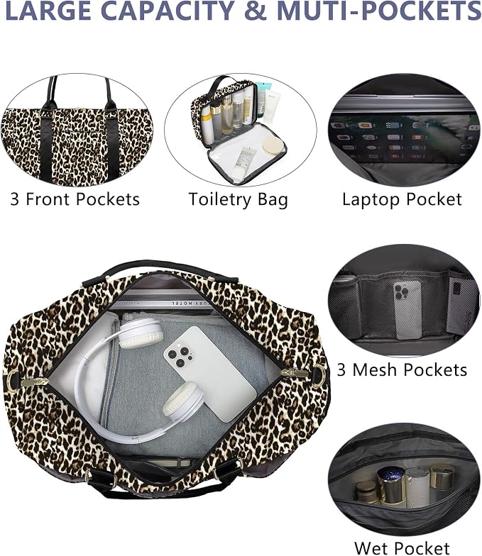 Women Weekender Travel Duffle Bag: Travel Duffel Overnight Bags with Shoe Compartment Large Carry on Tote with Toiletry Bag Weekend Traveling Yoga Gym Hospital Bag for Women with Wet Pocket Cheetah - Image 2