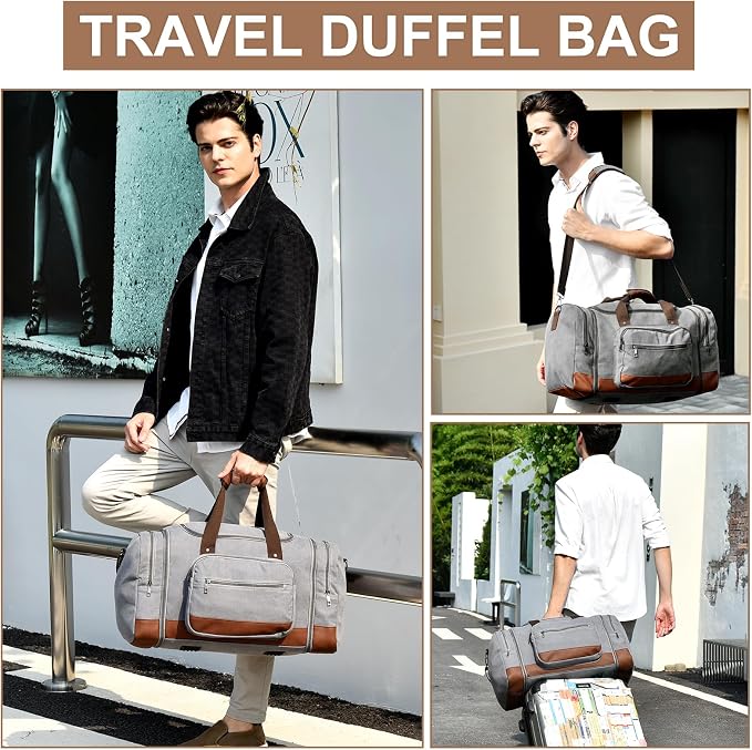 Litvyak 50L Canvas Duffle Bag for Travel Weekender Gym Overnight Carry-on | Expandable, Eco Certified, Leather Accents, Toiletry Bag Inclued, Travel Weekend Luggage Sports Duffel Bag for Women Men - Image 2