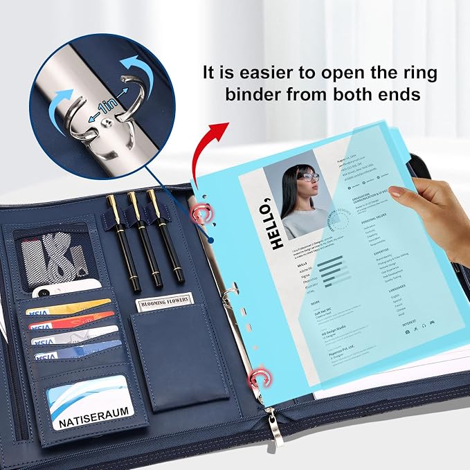 Padfolio Portfolio Binder with Handle, 3-Ring Folder Organizer, Vegan Leather Portfolio with Notepad Includes 5 Dividers with 10 Pockets for Documents Filesfor Documents Files and 1 Pen - Image 8