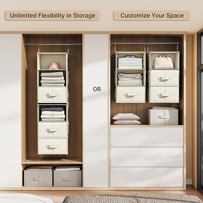 6-Shelf Hanging Closet Organizer with 3 Drawers, 2-in-1 Design, Beige | Converts into Two 3-Shelf Organizers, Foldable Drawers, Side Pockets, Ideal for Wardrobe, Nursery, Dorm & Closet Storage - Image 5