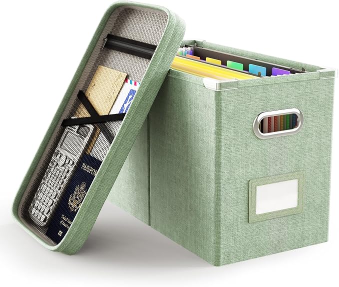 File Organizer Box with Lid, Hanging Filing File Box with Mesh Pocket, Document Organizer Box for Letter Files, Portable Storage Box(1 PCS, Green) by Oterri